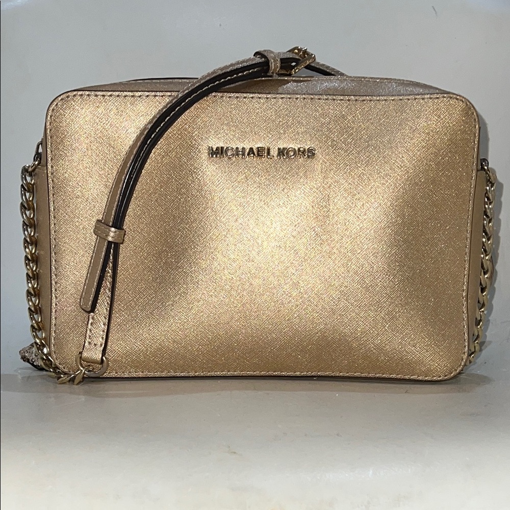 Michael Kors Gold Crosshatch Leather Crossbody Bag